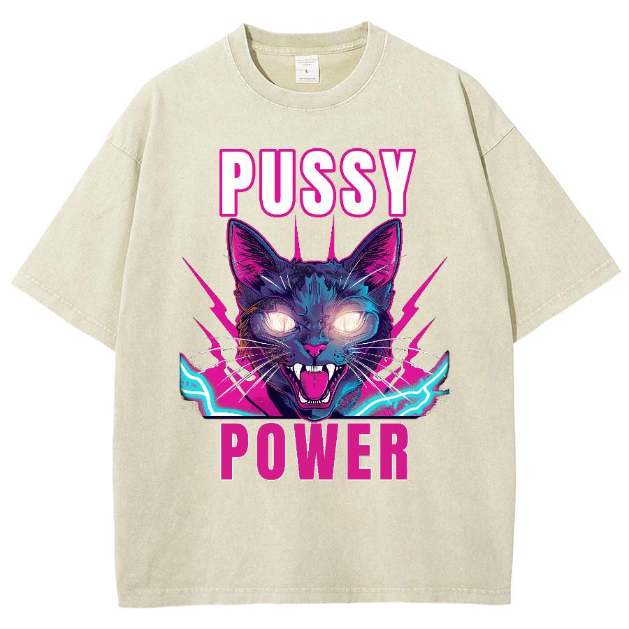 Pussy Power Cat Print dame T-skjorte vasket rund hals, kortermet Street Cool Top Unisex