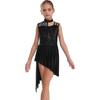 Girls Sleeveless Mock Neck Leotard Dress – Asymmetrical Shoulder Floral Lace with Rhinestones, Irregular Hem for Lyric Dance