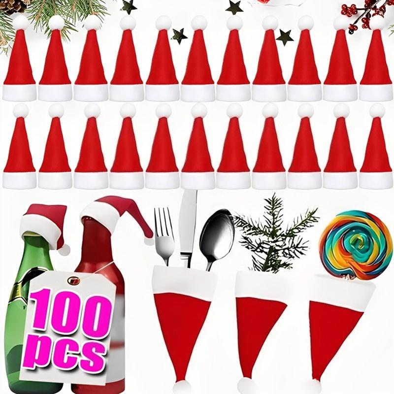 5/100pcs Mini Christmas Wine Bottle Hats Soft Velvet Santa Hats Non Woven Fabric Xmas Party Decor Table Wine Bottle Decoration