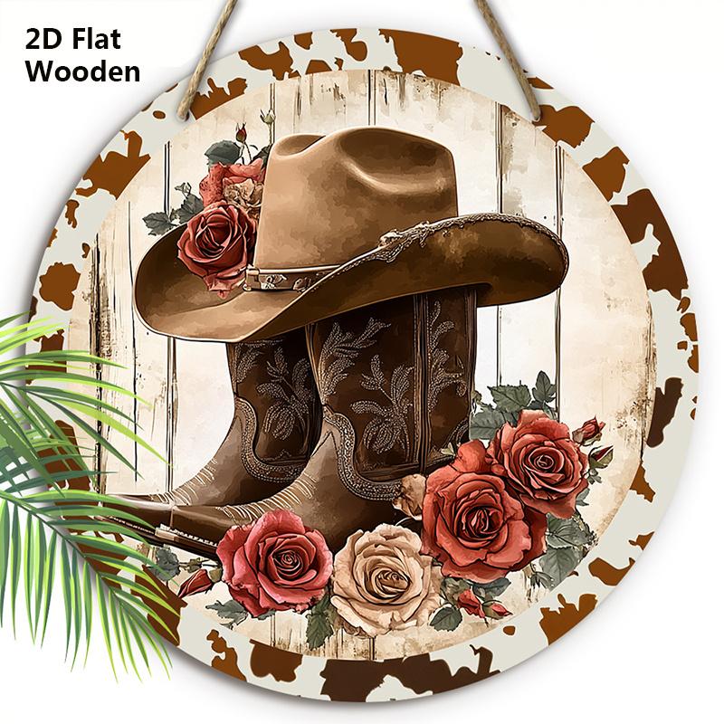 

Деревянная вывеска в ковбойском стиле с узором из сапог и цветов - Ретро круглая вывеска для входной двери, настенный декор - Идеальная подвесная табличка для украшения вечеринки 20cm/7.87in коричневый