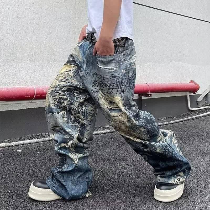 Unisex Distressed Ripped Denim Jeans With 3D Print Effect Loose Fit Casual Trousers Teens Adults