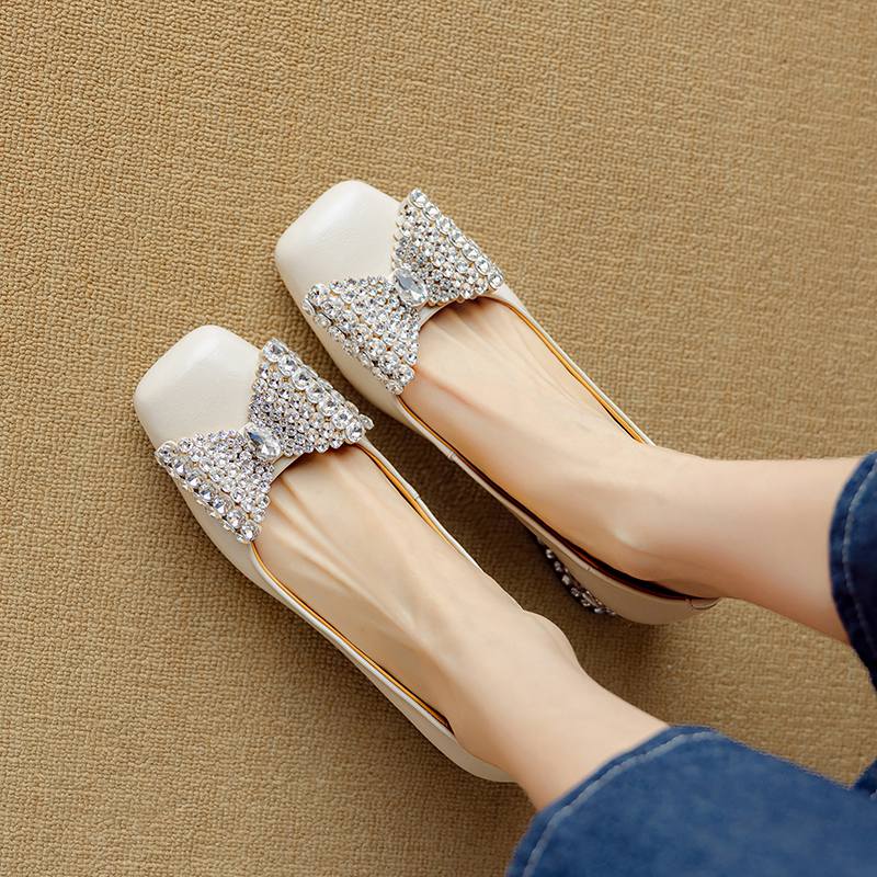 Krazing Pot Cow Skin Summer Size 40 Med Heels Crystal Butterfly-knot Decoration Square Toe Diamond Heels Gladiator Pumps