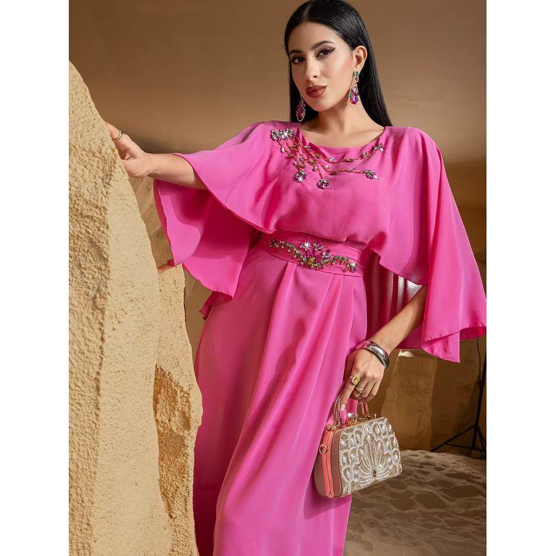 New Middle East Dubai Robe Handmade Seam Drill Dress Shawl Sleeve Nail Bead Dress