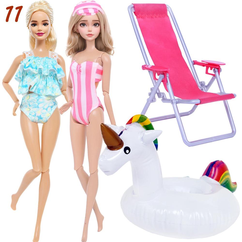 4 Przedmioty Akcesoria do Kostiumów Kąpielowych dla Lalki 2x Kostium Kąpielowy Bikini 1x Leżak Plażowy 1x Nadmuchiwany Koło do Pływania 30CM Ubranka dla Lalki 11,8 Calowa Zabawka Lalka