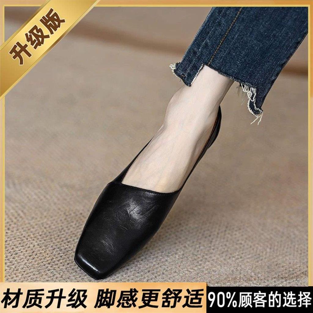 Real soft leather square head single shoes women's 2025 new irregular autumn French medium heel thick heel commuter high heels