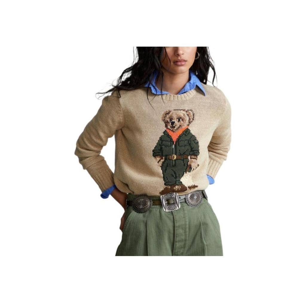 Polo Ralph Lauren SS22 Tegneserieprint Teddybjørn Dyremønster Rund hals Bomullsgenser Damegenser Brun WMPOSWENC020315