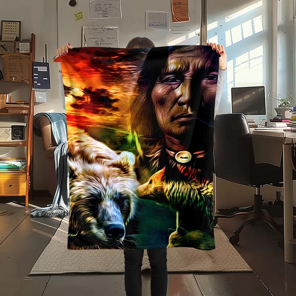 1Pc Indian Wolf Print Flannel Blanket, High quality Comfortable for All Seasons, Home Decor, Warmth and Comfort, Perfect for Christmas Gifts