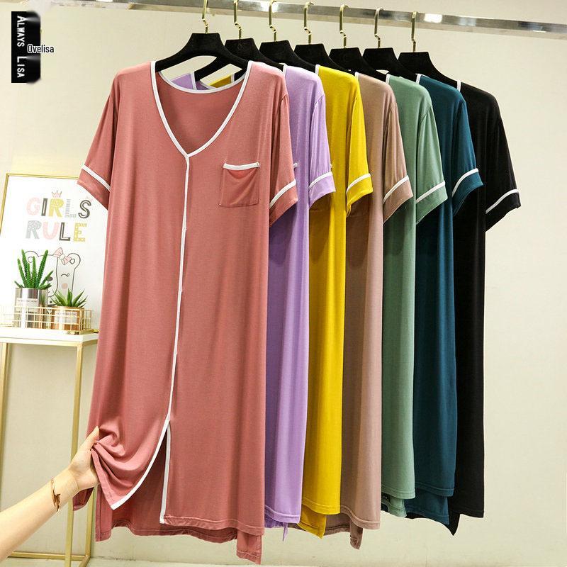 Women's Loose Modal V-Neck Summer Dress with Short Sleeves, Pocket, and Lightweight Design for Home or Outdoor Wear.