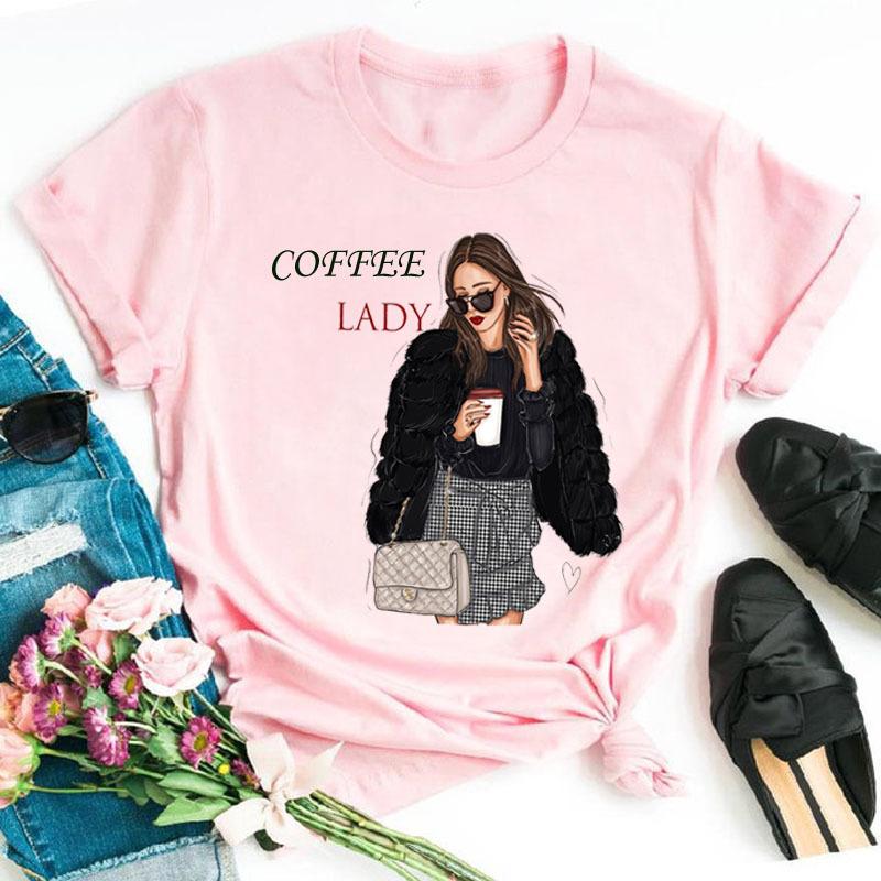 Summer Fashion Coffee Girl Urban Base Shirt Round Neck Pure Cotton Short Sleeved Women's T-Shirts Women’s