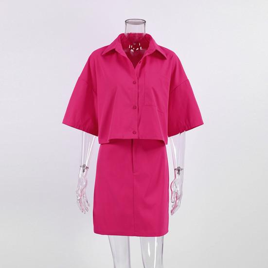 2Pcs/Set Women Shirt Skirt Set Lapel Short Sleeve Buttons Placket Shirt High Waist Short Skirt Set Solid Color Outfit