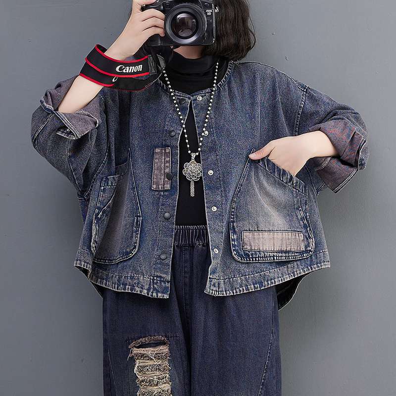 Bunda velké velikosti Kabáty s výstřihem do O Ženy Jednobarevné kabáty Ležérní Podzim Volné Denim Bavlna Knoflíky Oversize Krátká bunda