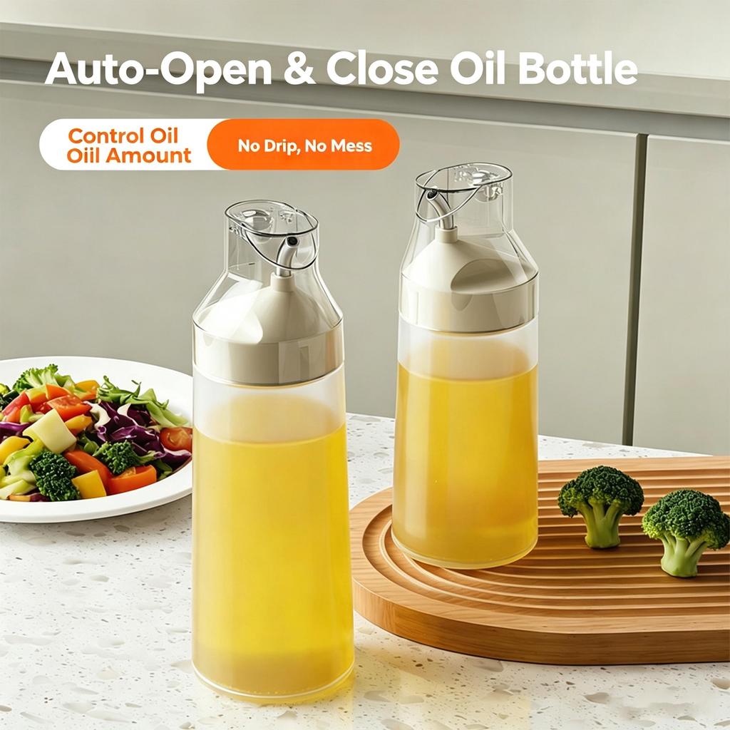 Auto‑open & Close Squeeze Oil Bottle 320ml/420ml Kitchen Condiment Dispenser Leak‑proof Sauce Vinegar Ketchup Storage Container for Countertop Cooking