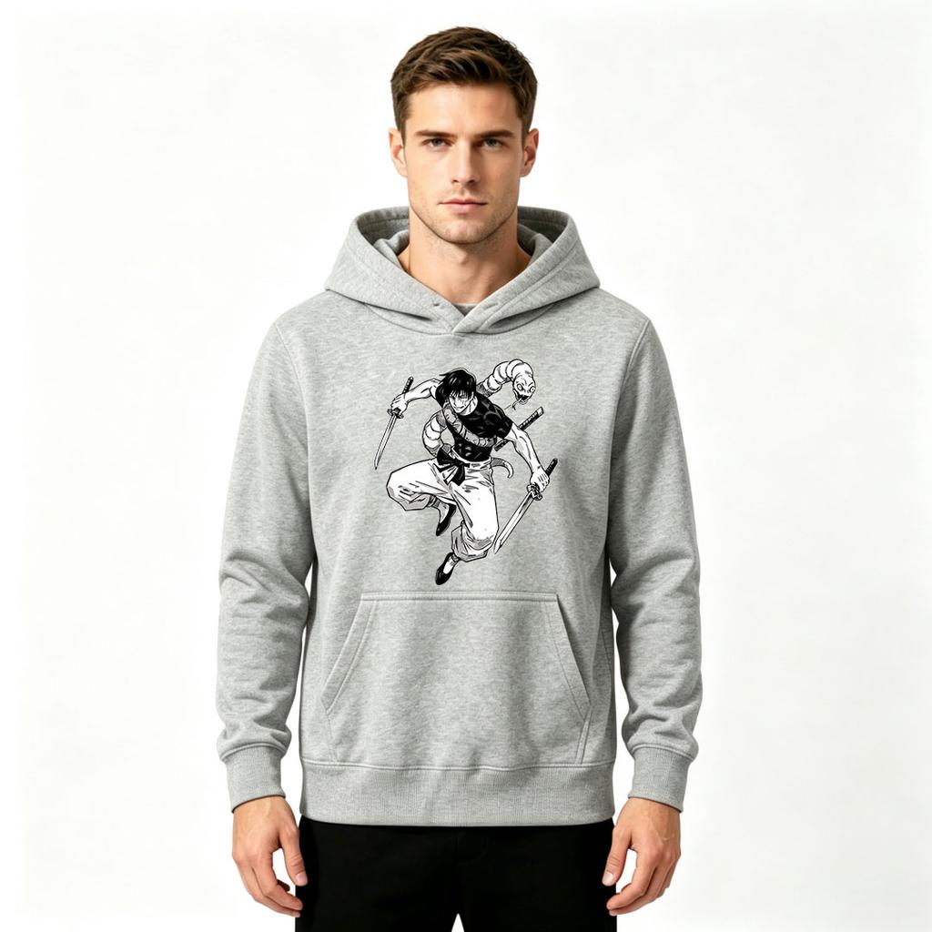 Men's Printed Pullover Hoodie, Anime Snake Samurai Pattern Casual Long Sleeve Hooded Sweatshirt