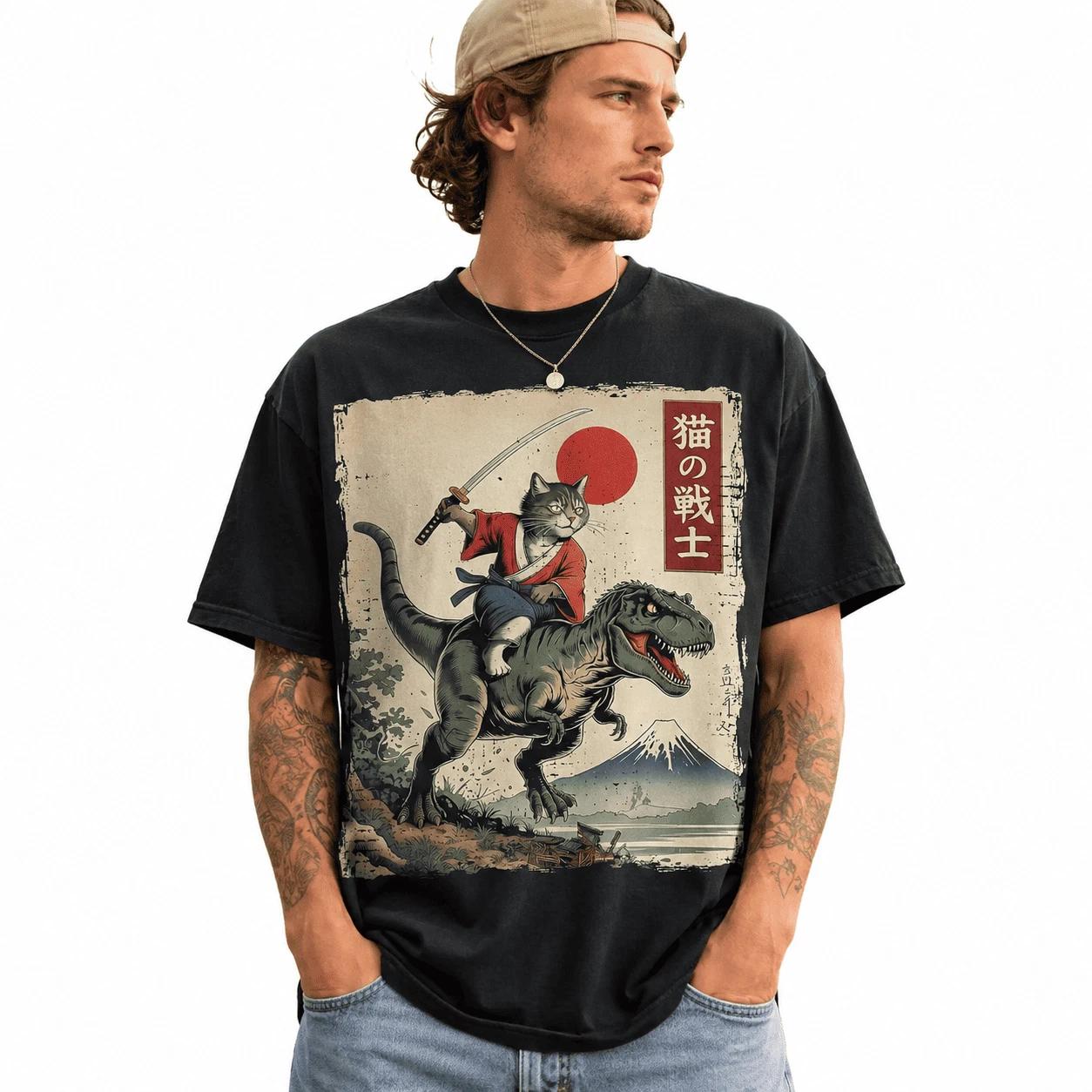 Funny Samurai Cat Riding T-Rex Ukiyo-E Style Graphic T-Shirt Streetwear Tee XS