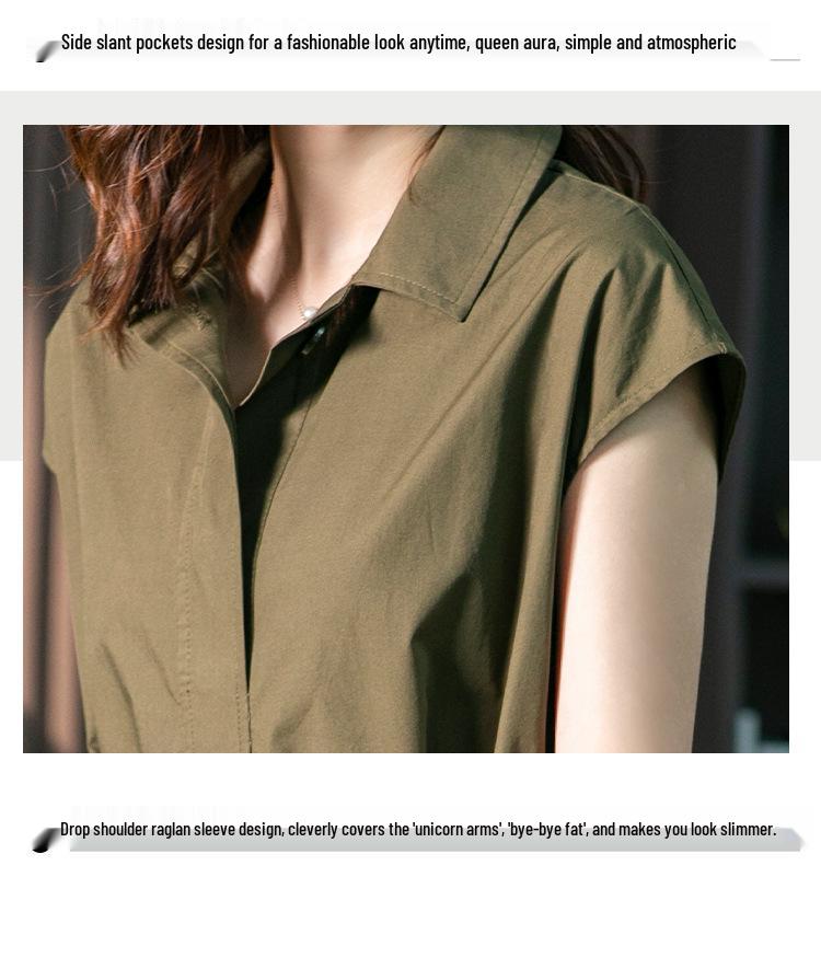 2025 Summer Plus Size Women's Solid Color Waist-Slimming Shirt Dress - Mid-Length, Loose, Casual, and Elegant