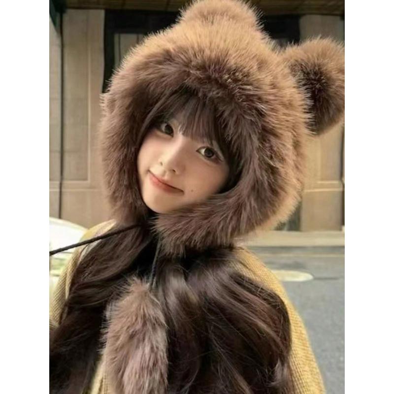 Ladies Cute Fluffy Tassel Ball Pom Pom Design Bucket Hat With Kitten Ears Lei Feng Hat, Warm Outdoor Casual Cute Hat