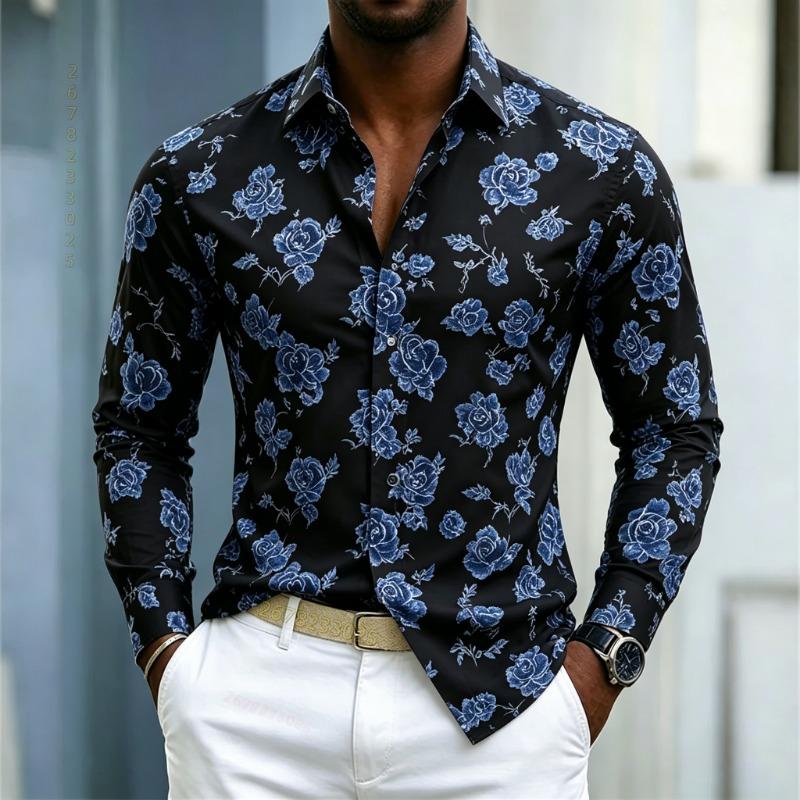 Camicia da uomo con stampa di rose blu europee e americane, camicia a maniche lunghe, sfondo bianco, fiore di rosa, slim, casual, taglie XS-6XL