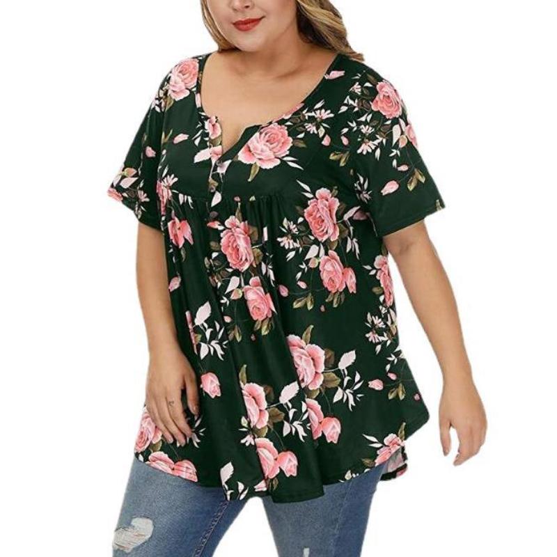 Spring Summer Women's Short Sleeve Top Plus Size V-neck Button Floral Printed T-shirt