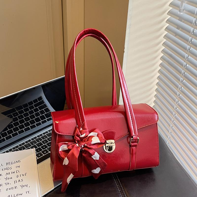 Fashion Ribbons Bow Decoration Shoulder Bag Solid Color Handbag Quality Pu Leather Lady Bag Brand Commute Tote Underarm Bag Red