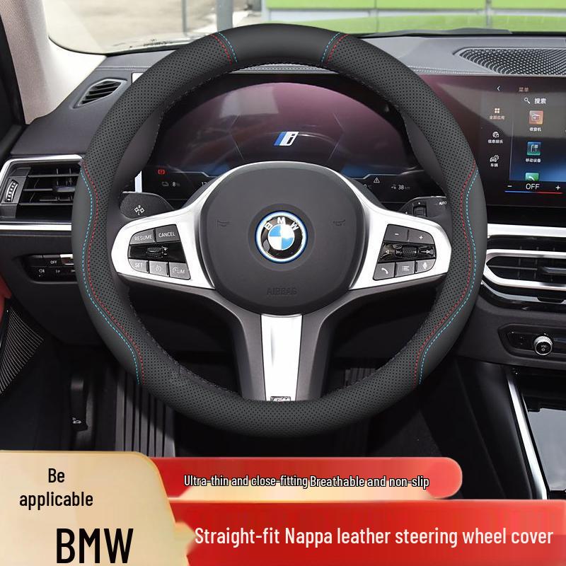 Odorless, non-slip steering wheel cover for BMW i3, i5, ix1, ix3, 5 Series & new energy vehicles; stitch-free design.