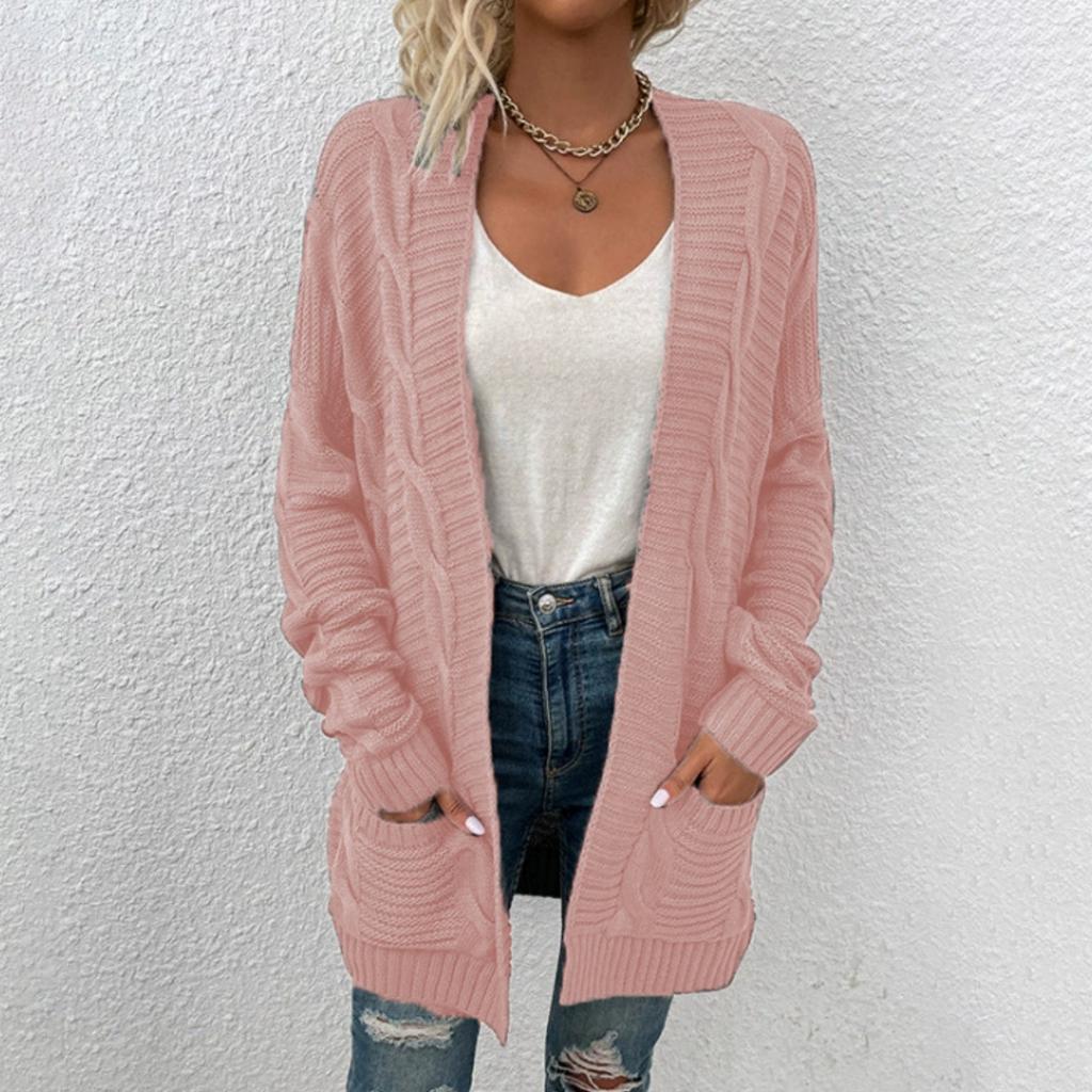 Fashionable Women's Knitted Cable Cardigan Sweater Mid-length Twisted Rope Cardigan Coat