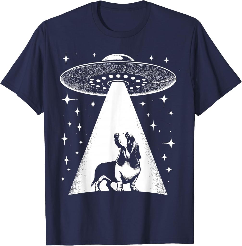 Basset Hound UFO Alien Abduction Graphic Tee Funny Dog Lover Gift T-Shirt