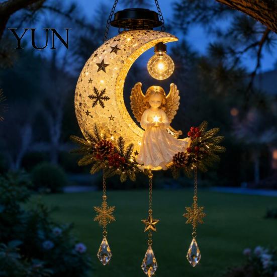 Outdoor Christmas Tree Ornaments Solar Angel Moon Light, Hanging Lantern with Warm Glow, Resin Automatic Powered Light Yard Decoration for Porch Tree,