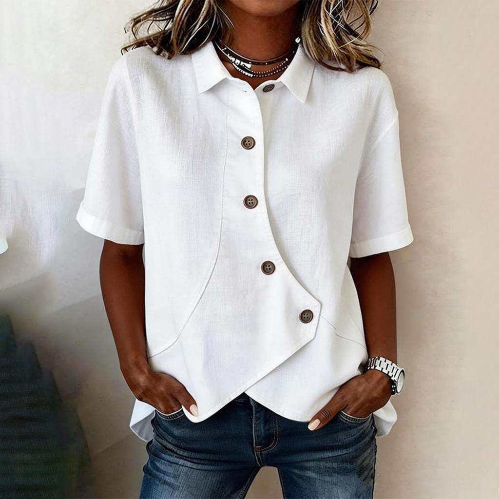 Women’s Short Sleeve Button Down Shirt Asymmetric Hem Casual Loose Fit Lapel Collar Blouse for Daily Wear Office Work