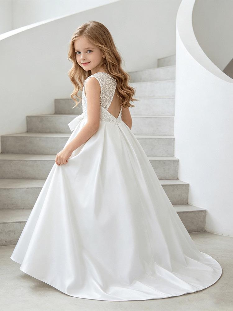 Girls' 2026 Satin Backless Train Dress for Piano & Host Performances