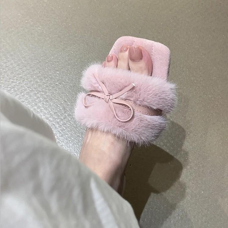 Soft Waxy Sweetheart! French Bow Fluffy Shoes Women Wear New Gentle Fairy Style Temperament Soft Bottom One-word Drag