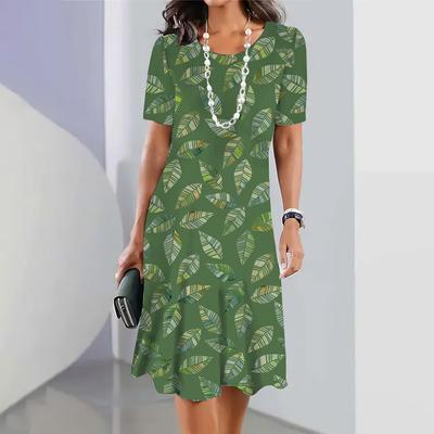 Elegantní Volné Dámské Šaty s 3D Potiskem Listů Šaty s Krátkým Rukávem Kulatý Výstřih Sukně Áčkového Střihu Letní Každodenní Pohodlné Streetové Oblečení