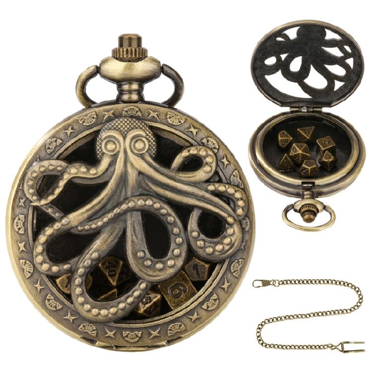 Unique Pocket Watch Case with 7pcs/set Metal Polyhedral Dices Pendant Fob Chain