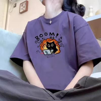 Harajuku apaļa kakla izgriezuma ikdienas Y2K topi jaunu meiteņu t-krekli vasaras tīras kokvilnas sieviešu smieklīgi multfilmu apdrukas t-krekls violets ielas stils