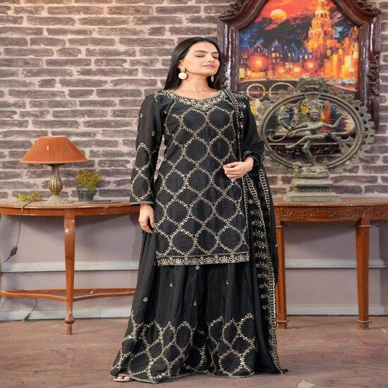 Elegant Black Embroidered Sharara Suit with Intricate Work