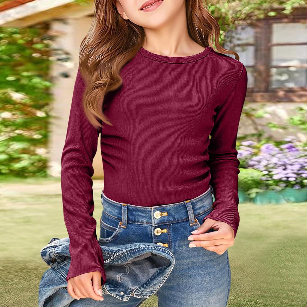 Girls' Ribbed Tee - Long Sleeve Round Neck Casual Top