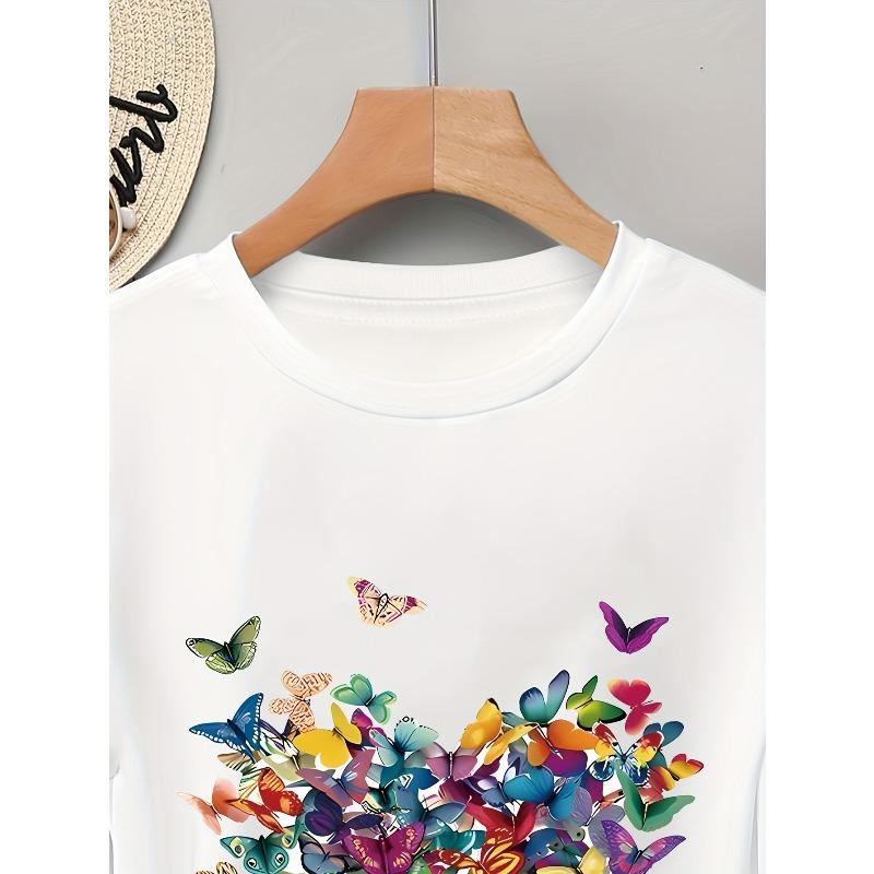 European sizes Elegant Butterfly Pattern Printed Women'S Short-Sleeve T-Shirt Perfect for Holidays, Graduations