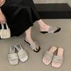 French rhinestone one-word open-toed sandals for women's summer wear 2025 new fairy style temperament square heel sandals