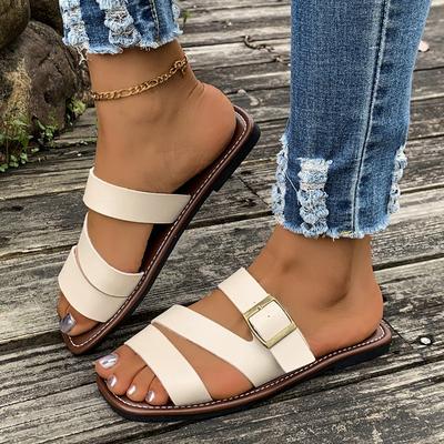 Large-sized Buckle Shoes One-strap Flat Slippers Women's Casual Square-toed Beach Flip-flops