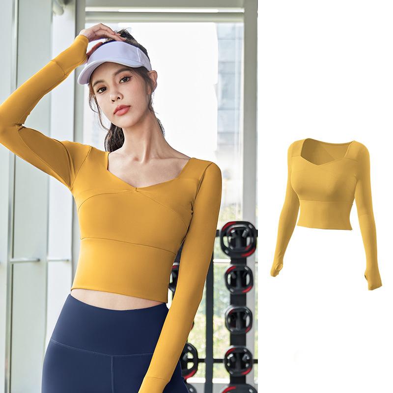 

Рубашки для йоги с длинным рукавом, женские бесшовные спортивные топы для спортзала, топы для бега, фитнеса и тренировок, спортивная рубашка для активного отдыха L жёлтый
