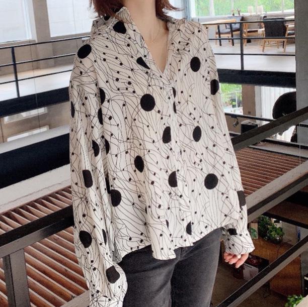 Retro Hong Kong Style Women's Print Blouse - 2025 Spring/Autumn Collection, Loose Fit, Lazy Style Shirt