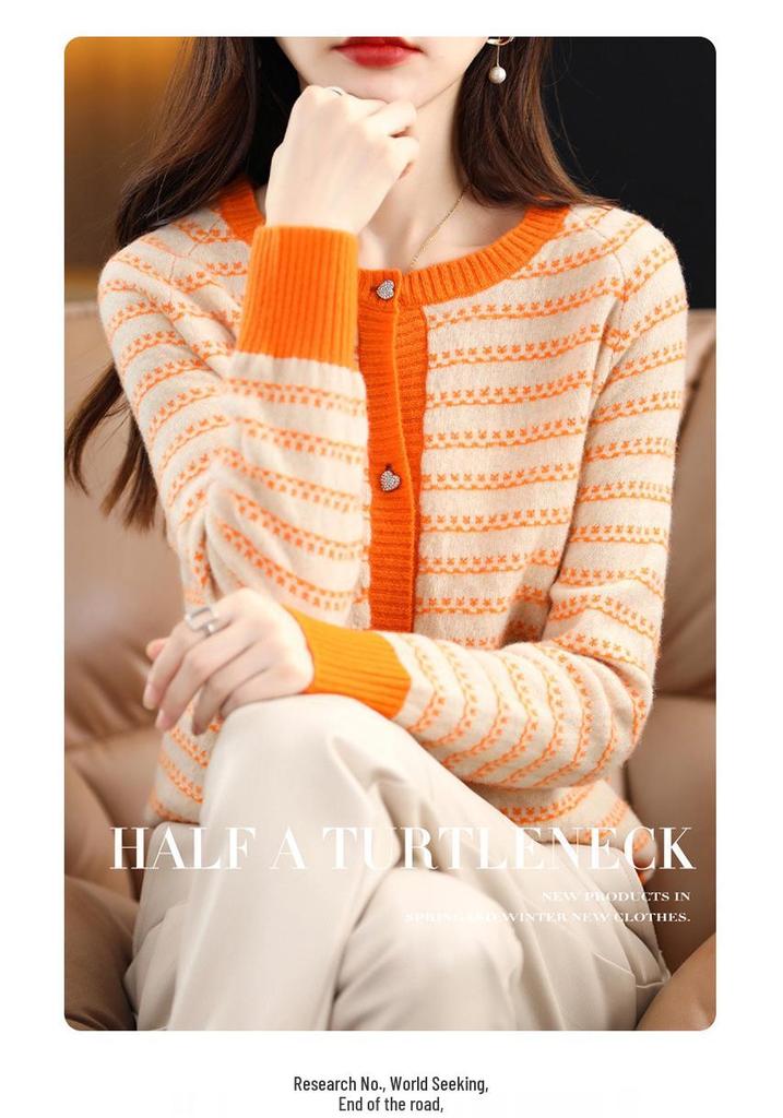 Women's Pure Wool Striped Cardigan – Long Sleeve, Round Neck, Loose Knit Sweater for Autumn/Winter.
