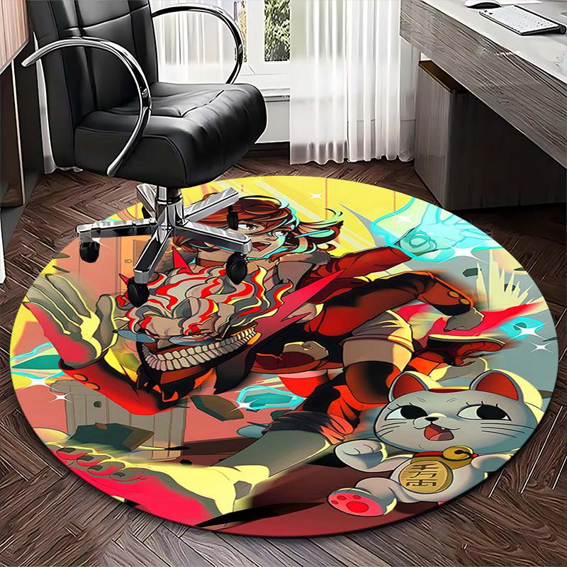 1pc Anime Cat with Skull Headphones Round Carpet - Office Chair Mat, Non-Slip Rug for Home Decor, Living Room