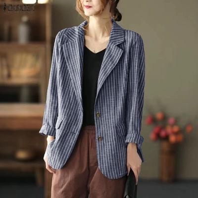 Women Turn Down Collar Casual Long Sleeve Stripe Cardigan Blazer
