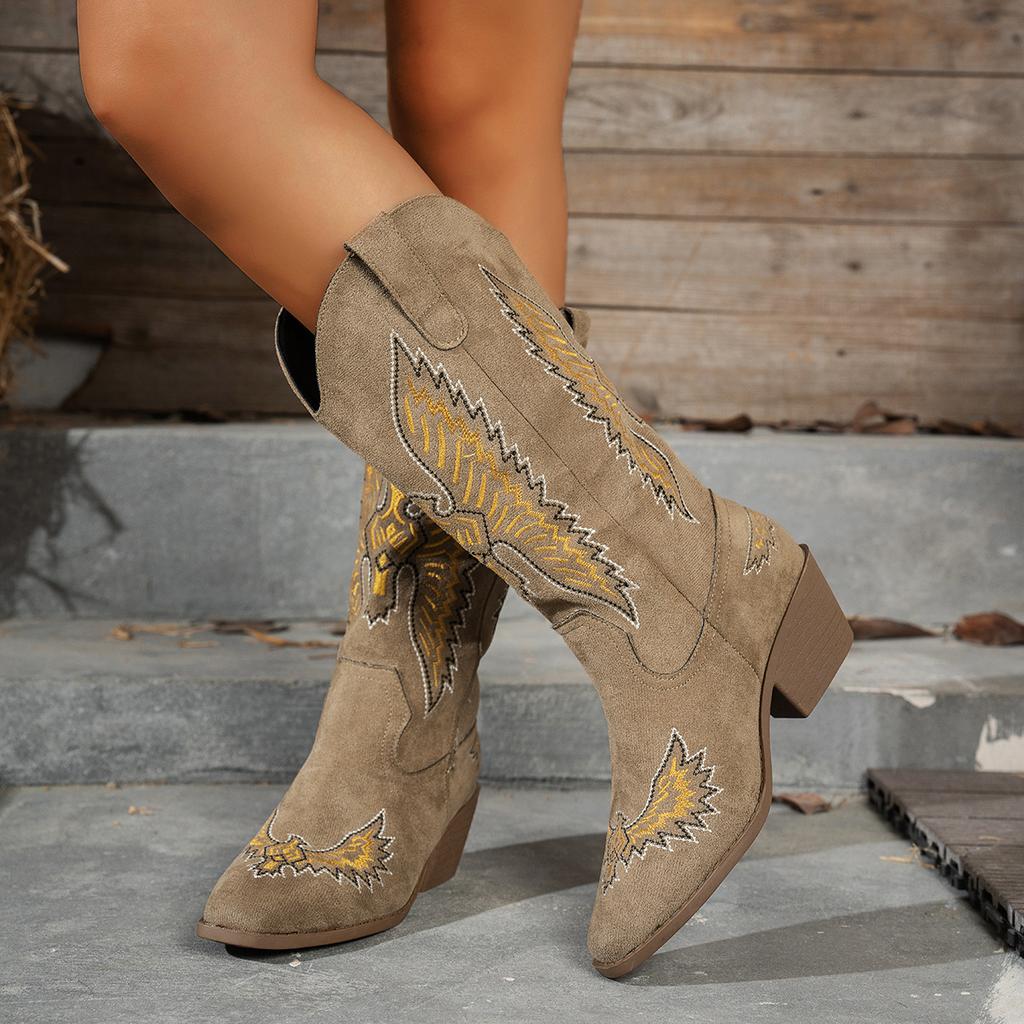 Women's Winter Suede Embroidered High Heel Boots Plus Size 43 Chunky Heel Pointed Toe Western Cowgirl Knee-High Boots Fashion