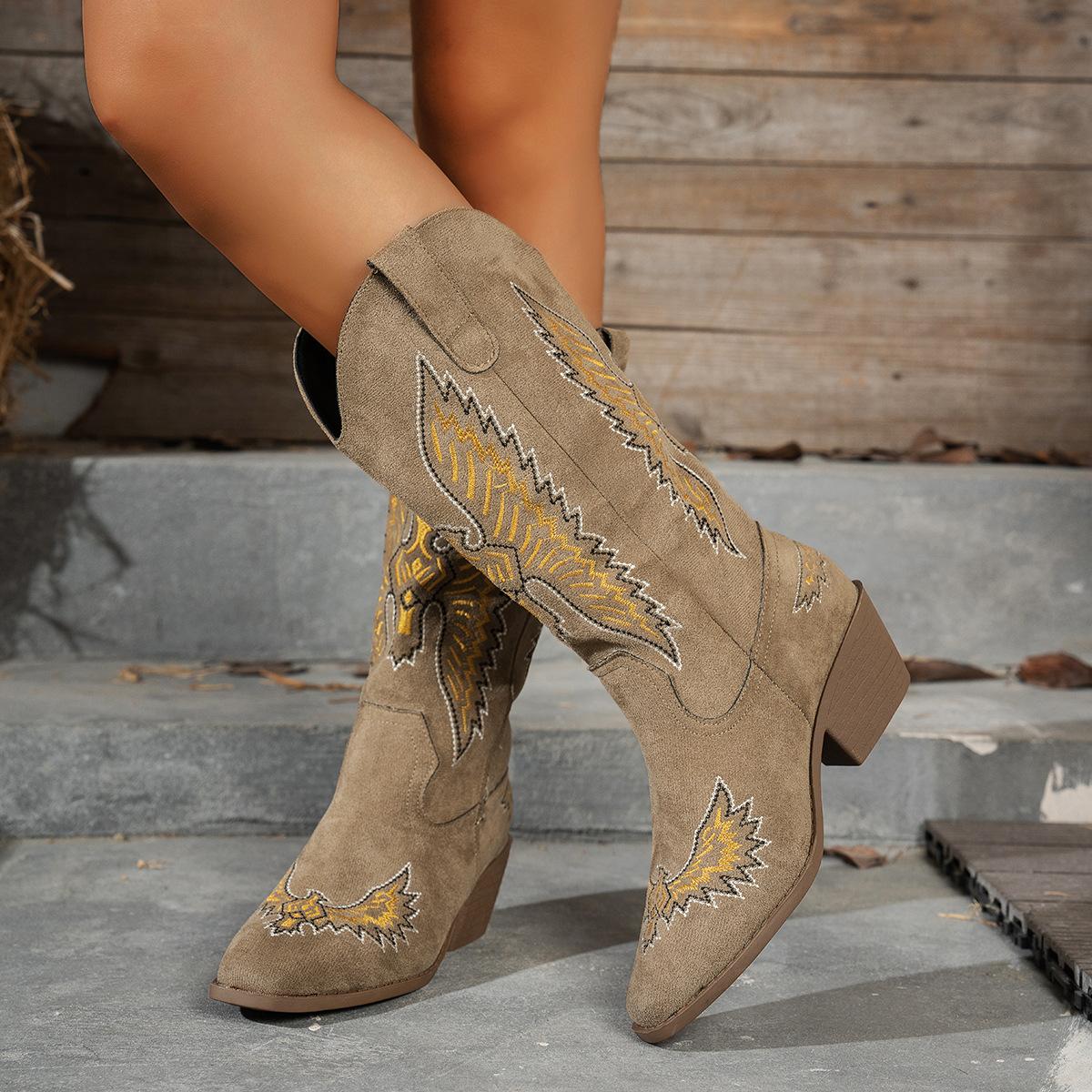 Women s Winter Suede Embroidered High Heel Boots Plus Size 43 Chunky Heel Pointed Toe Western Cowgirl Knee-High Boots Fashion 36 хаки