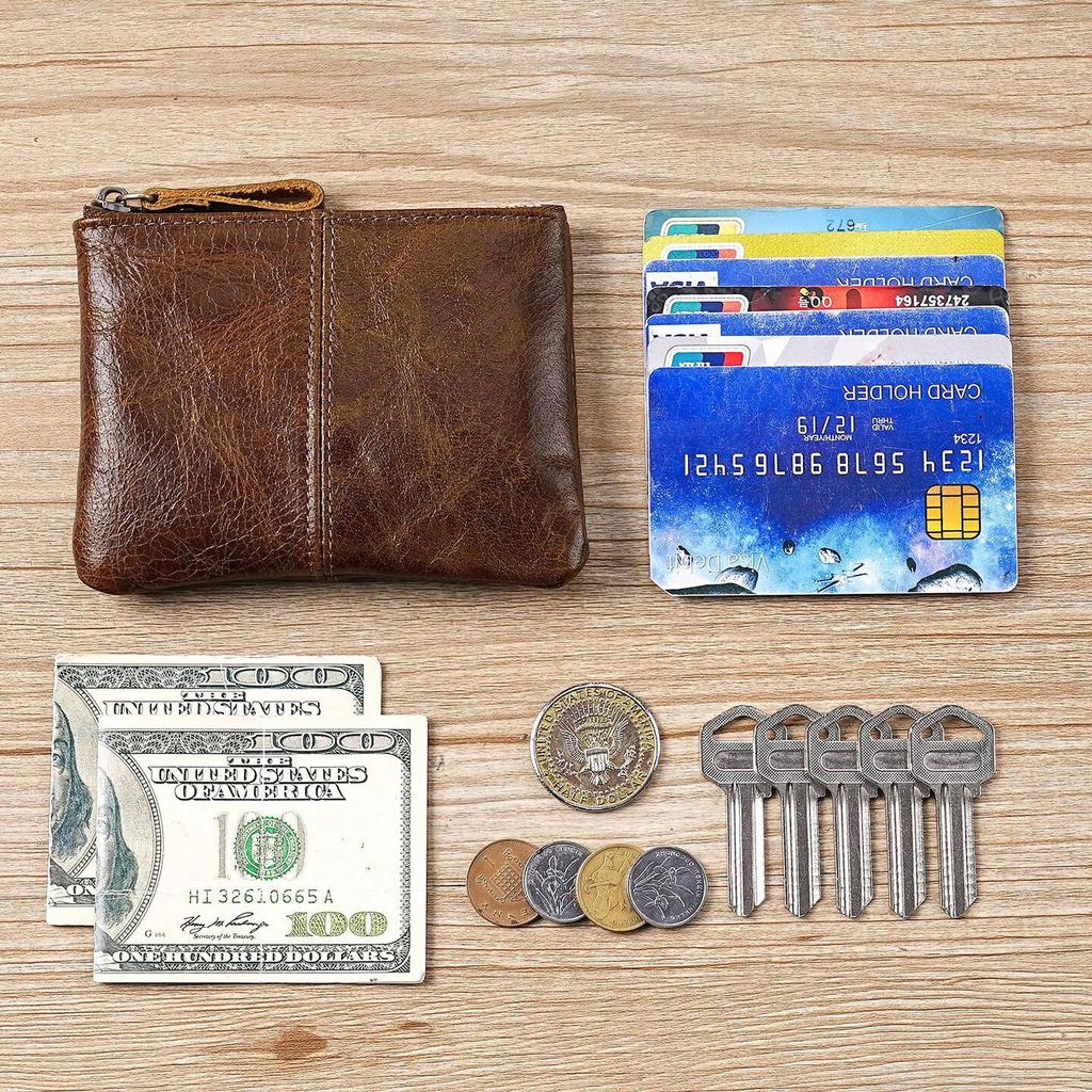 Mens and Women Retro Real Leather Zipper Wallet Card Holder Small Coins Keys Pocket Money Storage Pouch with Chain Key-ring
