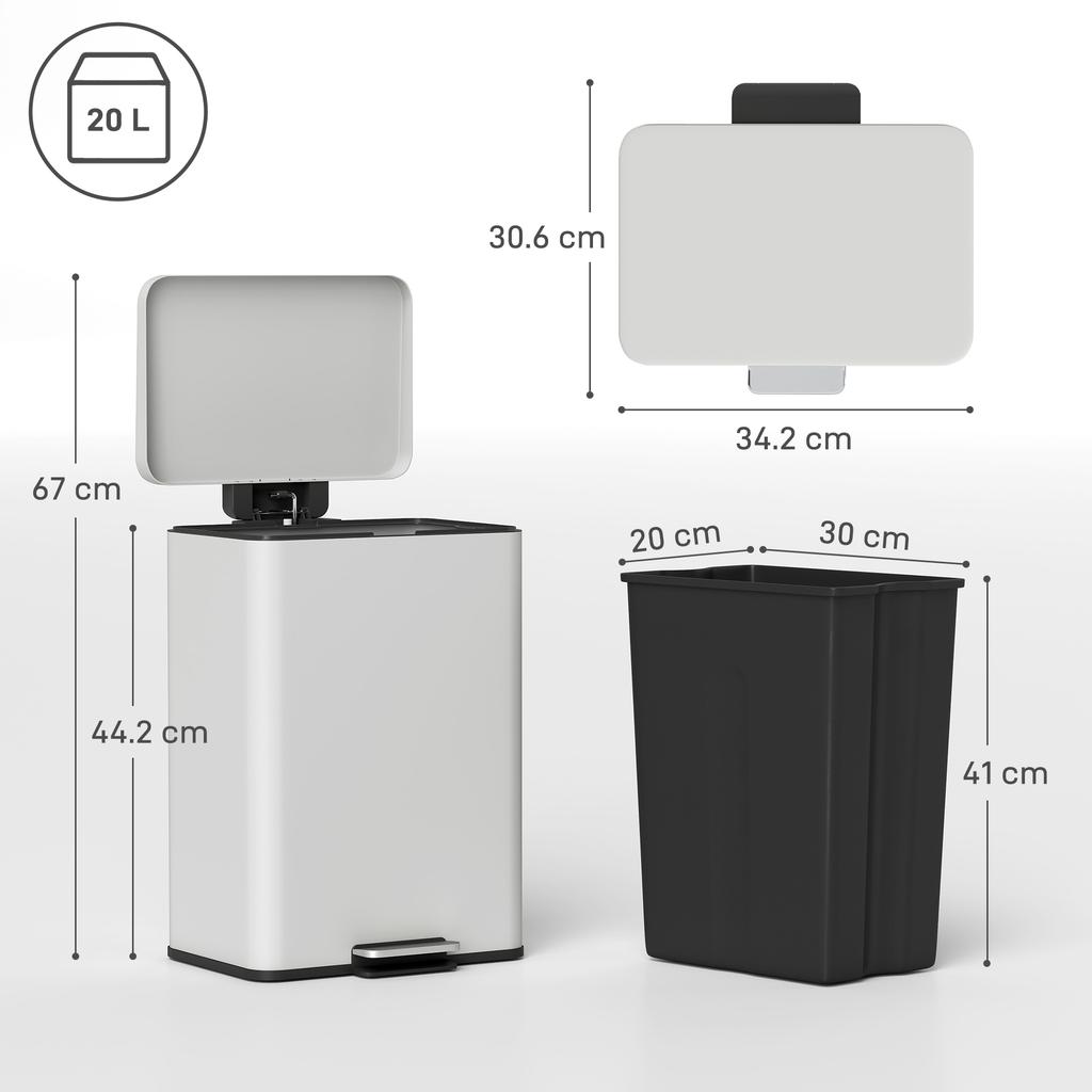 20L Kitchen Bin with Soft-Close Lid and Stay-Open Function, Pedal Bin with Removable Inner Bucket for Kitchen, Office, Home, Cream