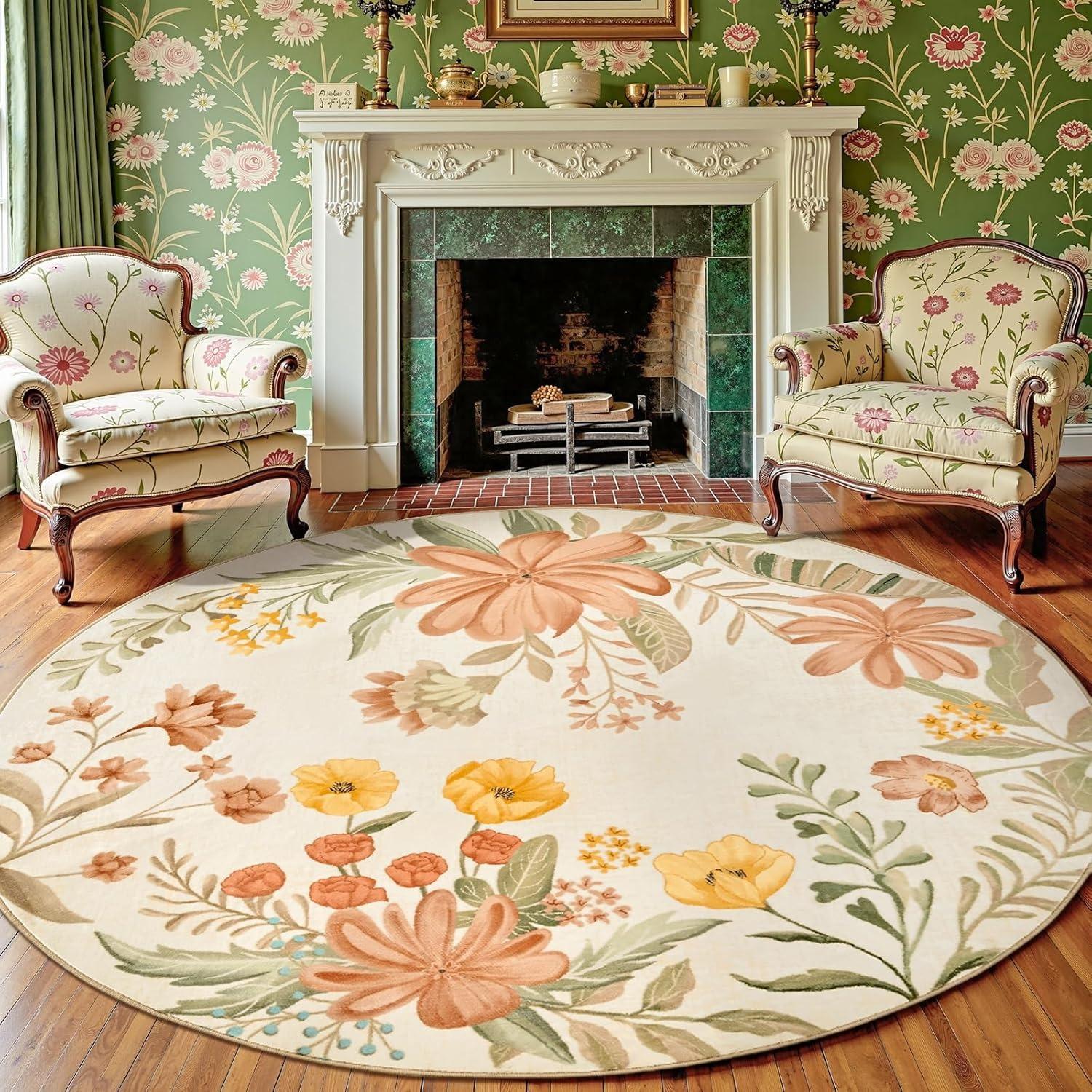 

Vintage Floral Round Area Rug Boho Peony Flower Print Home Decor Carpet Soft Non-Slip Circular Mat Retro Floral Themed Floor Mat 80cmx80cm