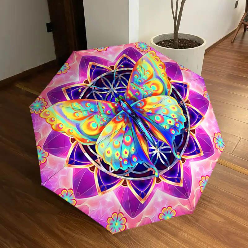 

Colorful Butterfly Mandala Automatic Opening Rain Umbrella Portable Folding Design with 8 Bone Iron Frame,Outdoor Umbrella for Festivals,