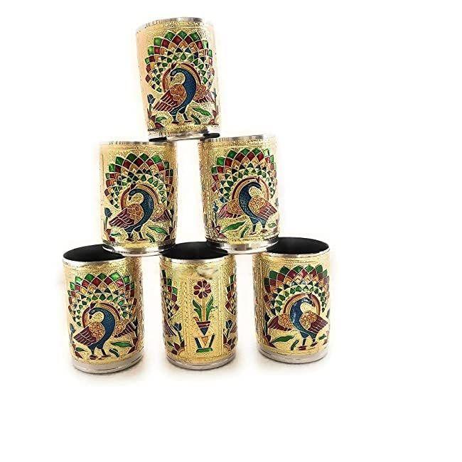 Stainless Steel Handmade Meenakari Peacock Design Decorative Glass Set for Home Traditional Indian Style Set of 6 Glass (Golden Color), 250 ml